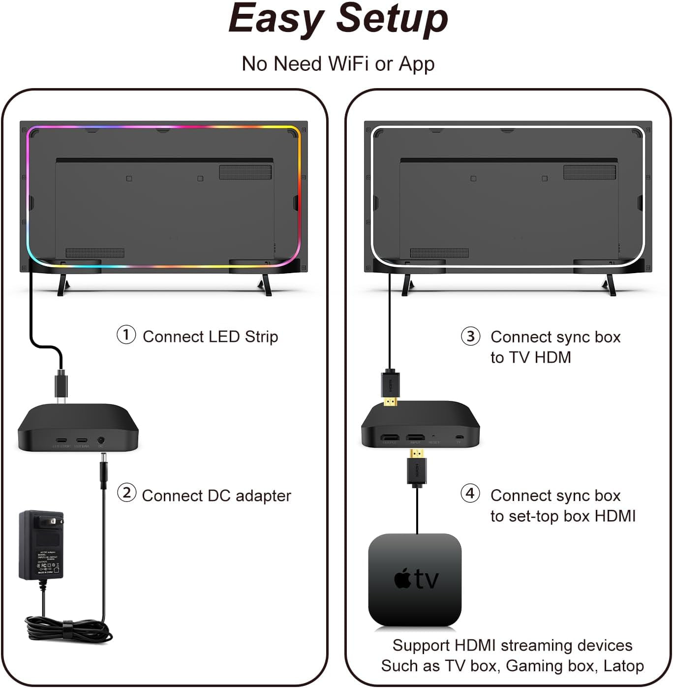 Update TV LED Backlight with HDMI 4K 60HZ Sync Box for 55-65 Inch TV, 12.5FT RGBIC LED Lights for TV, TV Backlight Sync to Screen for Game Movie, Plug and Play LED Strip Light NO Need App/Wifi