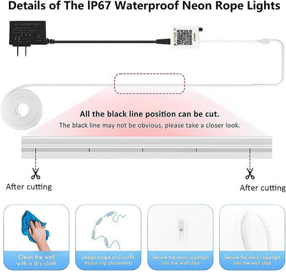 Neon Rope Lights, 20FT RGB Led Strip Lights, Waterproof IP67, DIY Design, Music Sync, 44 Keys Remote Control, Multiple Modes,For Living Room, Bedroom, Holiday Decoration