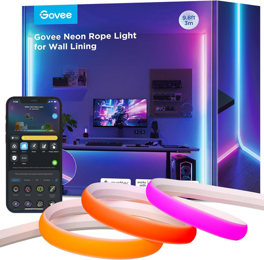 Neon Rope Light for Wall Lining, LED Rope Lights Work with Matter, Google Assistant, Alexa, 9.8Ft RGBIC Strip Lights with Smart App Control and Music Sync for Living Room, Bedroom, Wall Corners