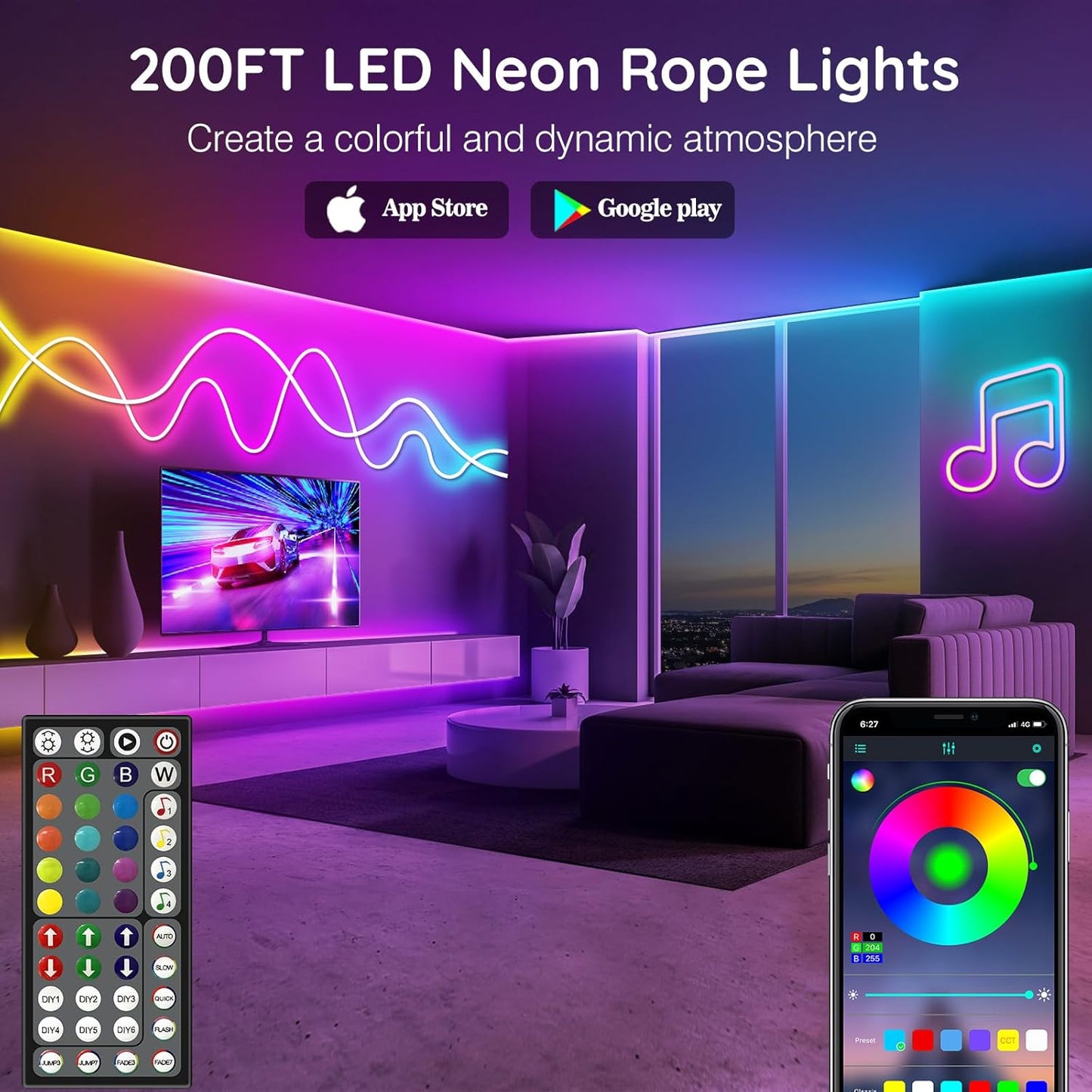 200Ft Neon Rope Lights,Flexible Led Rope Lights Control with App/Remote,Multiple Modes Rope Lights,Ip65 Outdoor RGB Led Neon Lights Waterproof,Music Sync Gaming Led Neon Light Strip for Bedroom Decor