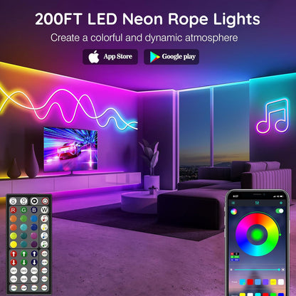 200Ft Neon Rope Lights,Flexible Led Rope Lights Control with App/Remote,Multiple Modes Rope Lights,Ip65 Outdoor RGB Led Neon Lights Waterproof,Music Sync Gaming Led Neon Light Strip for Bedroom Decor