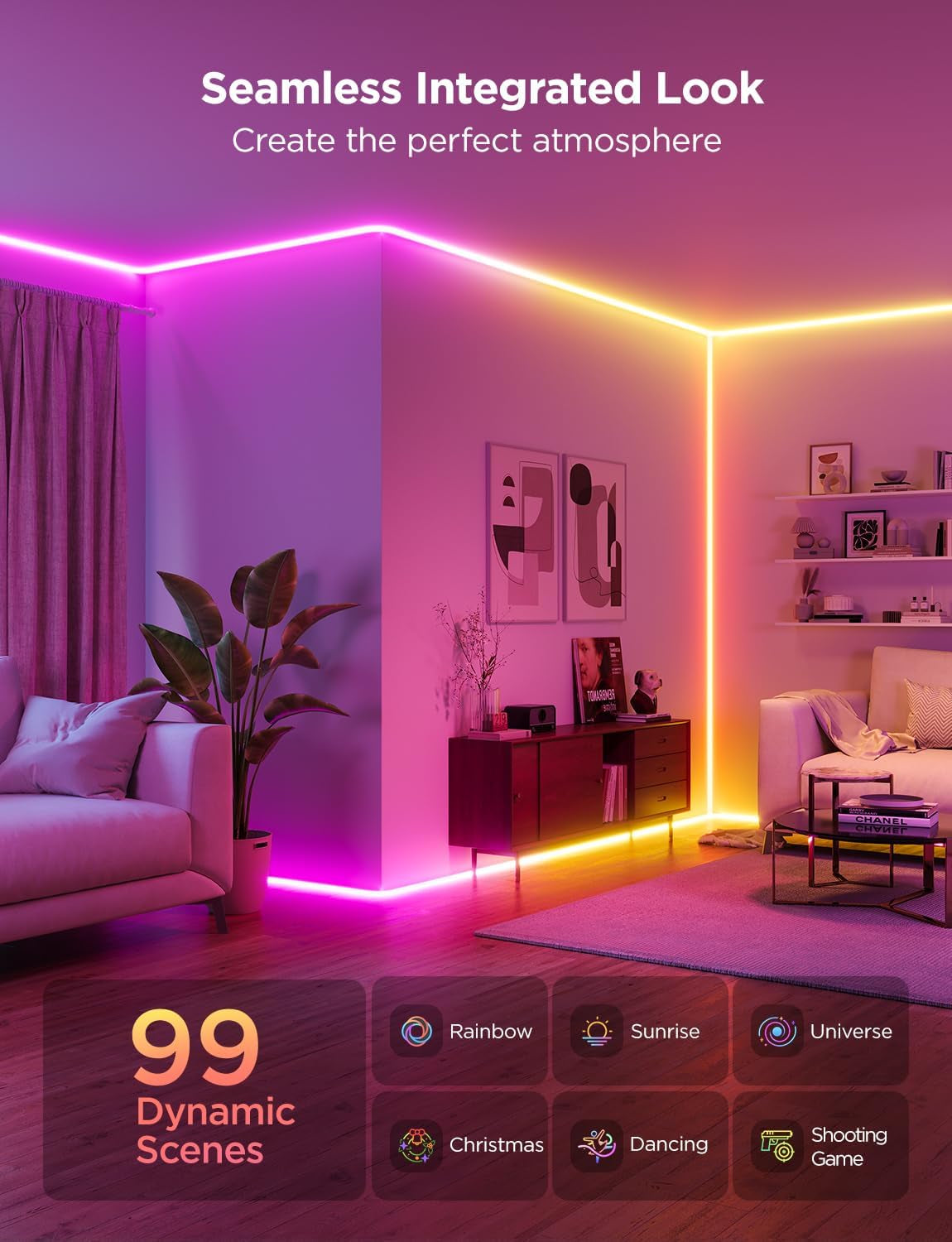 Neon Rope Light for Wall Lining, LED Rope Lights Work with Matter, Google Assistant, Alexa, 9.8Ft RGBIC Strip Lights with Smart App Control and Music Sync for Living Room, Bedroom, Wall Corners